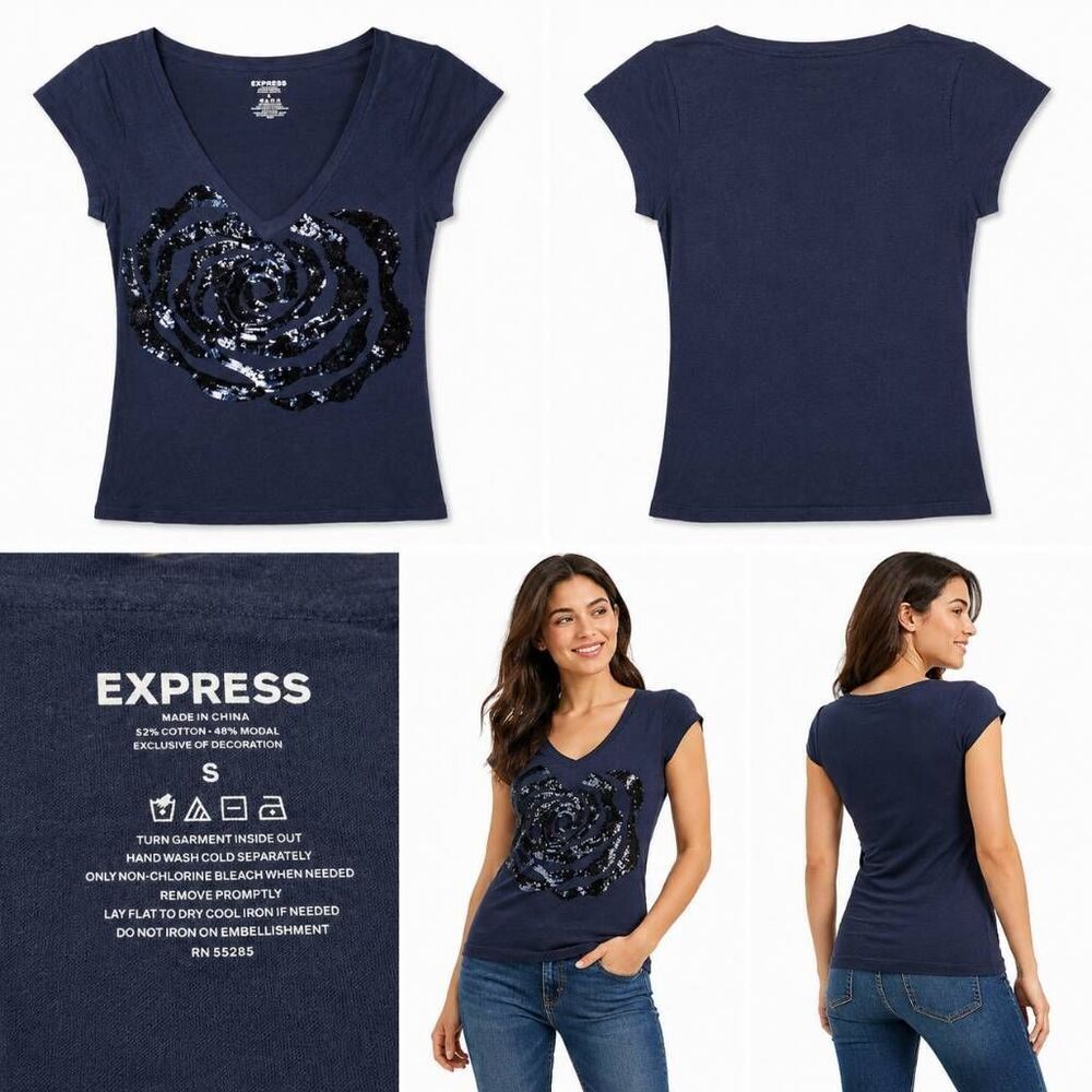 Express Navy Sequin Rose V-Neck Tee Women’s S